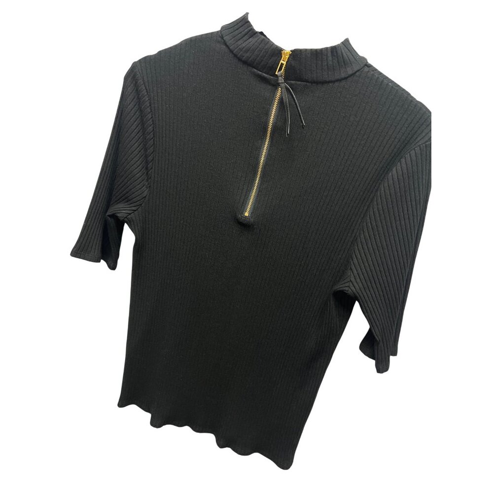 Chico's Black Label Black Ribbed Short Sleeve Gold Back Zipper Mock Neck Top